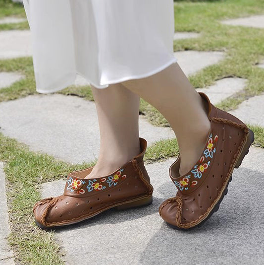 Retro Women Slip-On Embroidered Ethnic Style Genuine Leather Shoes