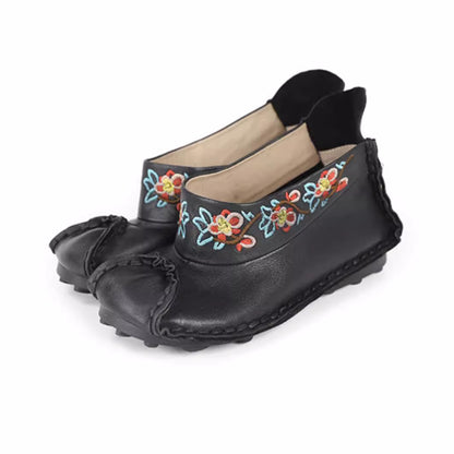 Retro Women Slip-On Embroidered Ethnic Style Genuine Leather Shoes