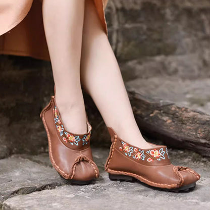 Retro Women Slip-On Embroidered Ethnic Style Genuine Leather Shoes