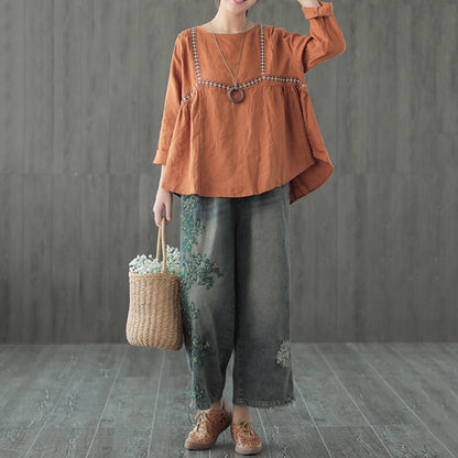 Ripped Artistic Embroidered Wide-leg Jeans