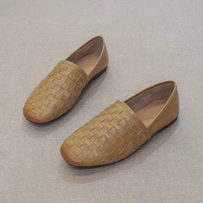 Slip-on Flat Cowhide Woven Leather Loafers