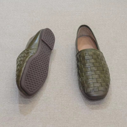 Slip-on Flat Cowhide Woven Leather Loafers