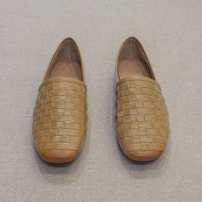 Slip-on Flat Cowhide Woven Leather Loafers