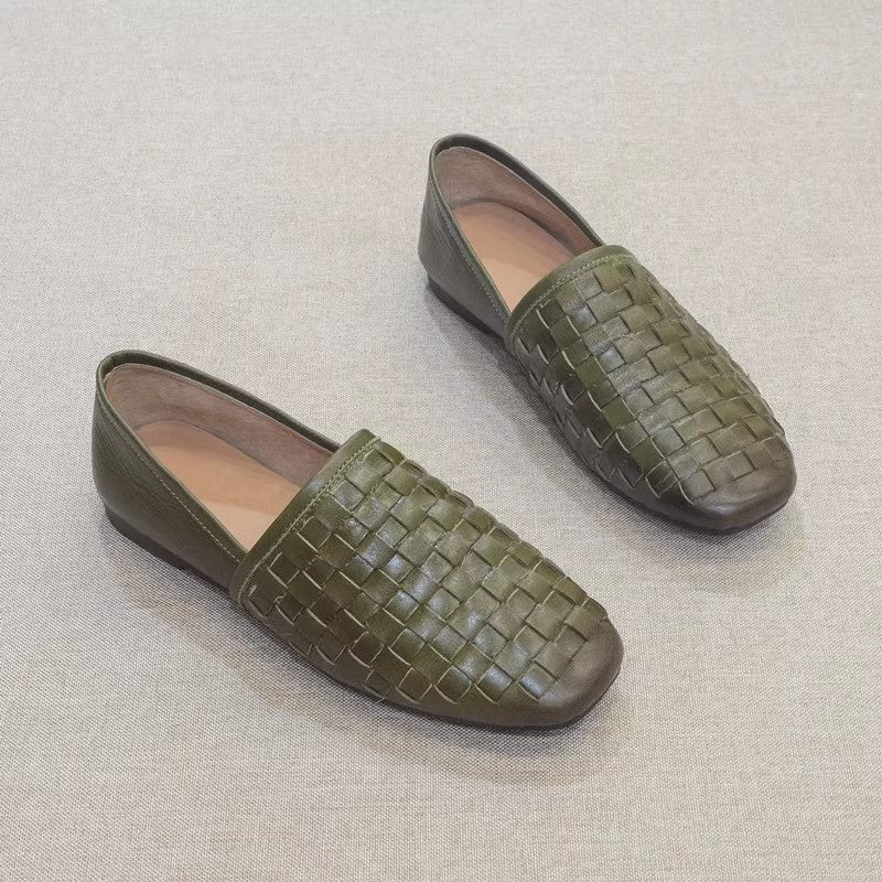 Slip-on Flat Cowhide Woven Leather Loafers