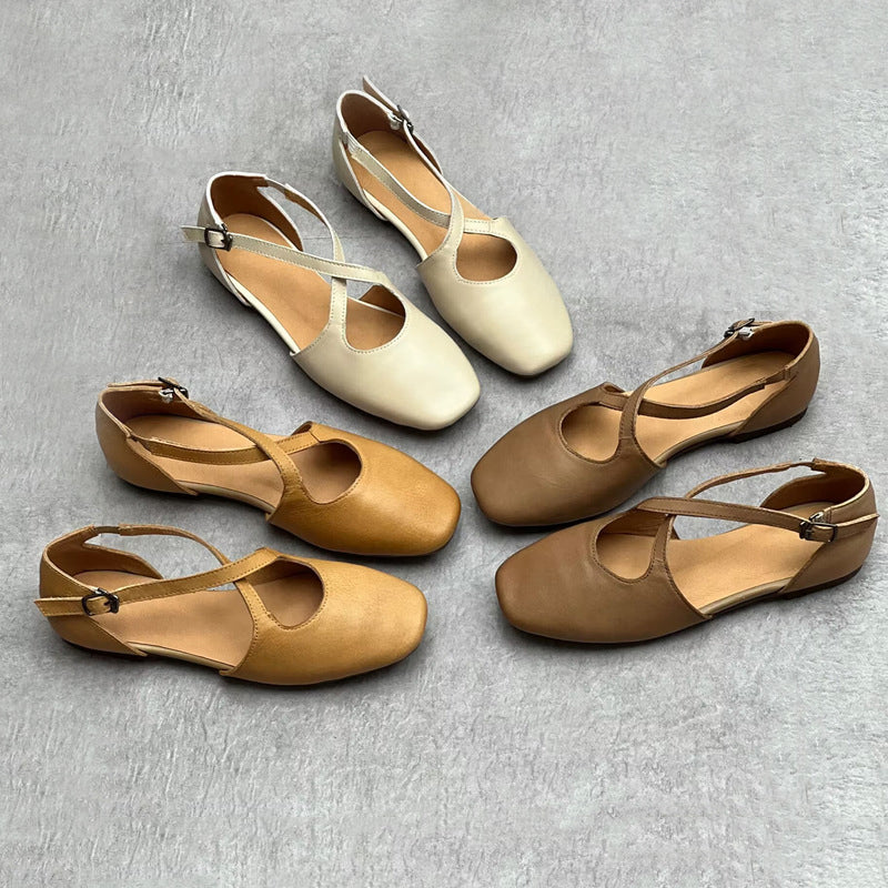 Soft Leather Cross-belt Walking Flats