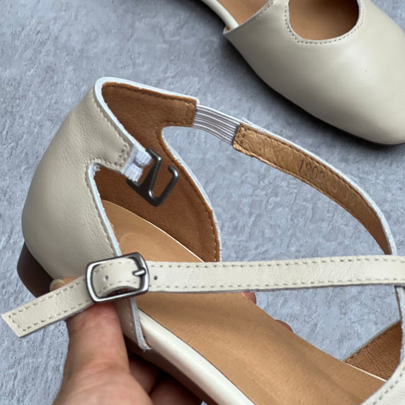 Soft Leather Cross-belt Walking Flats