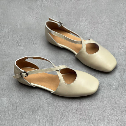 Soft Leather Cross-belt Walking Flats