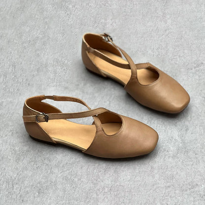 Soft Leather Cross-belt Walking Flats