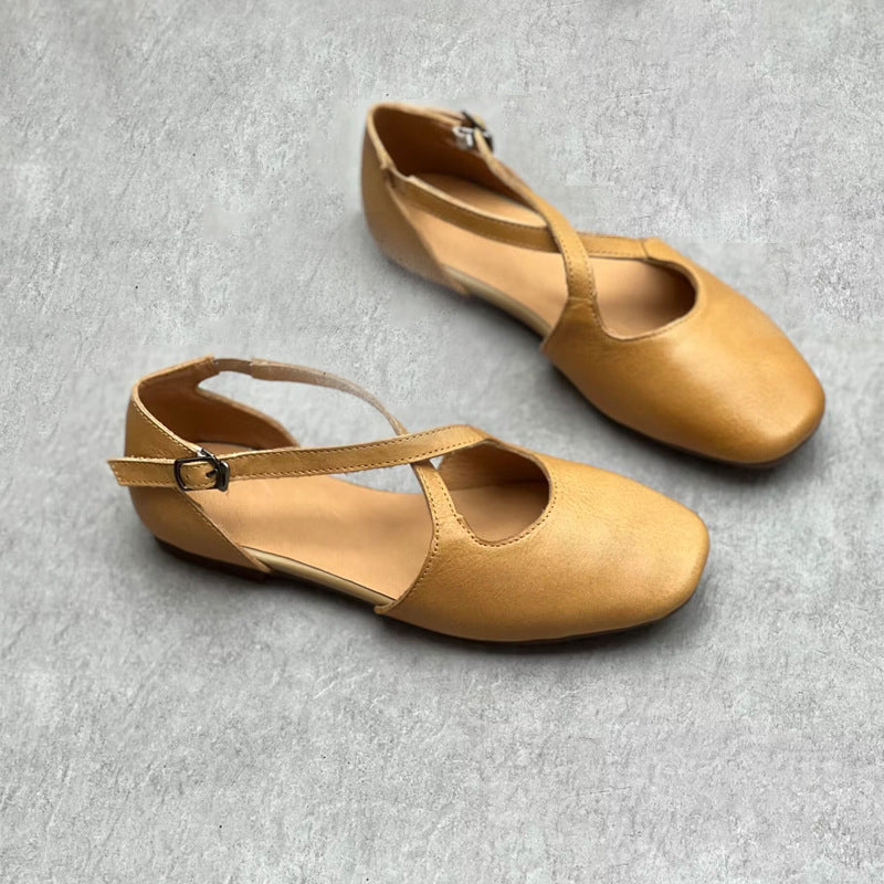 Soft Leather Cross-belt Walking Flats