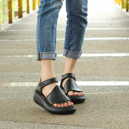 Summer Wedge Leather Clip-toe Sandals With Velcro