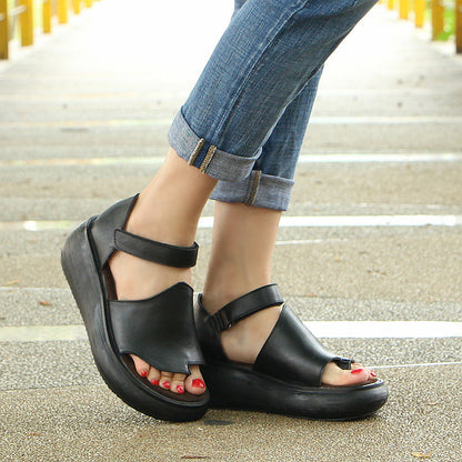 Summer Wedge Leather Clip-toe Sandals With Velcro