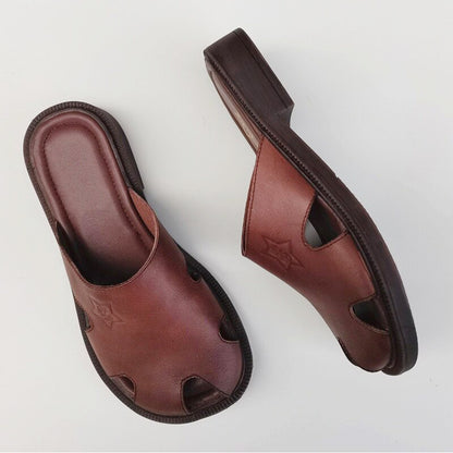 Summer Wide-toe British Style Soft Leather Slippers