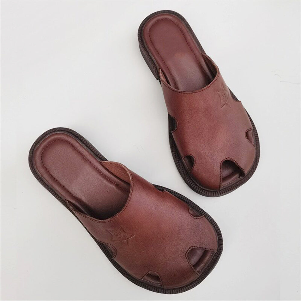 Summer Wide-toe British Style Soft Leather Slippers