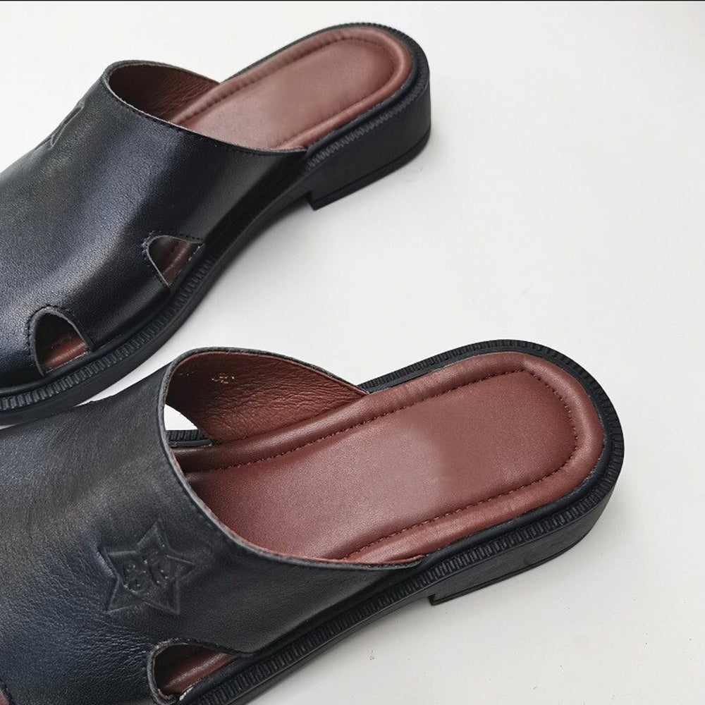 Summer Wide-toe British Style Soft Leather Slippers