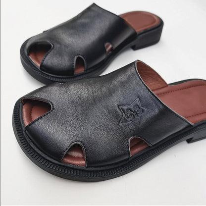 Summer Wide-toe British Style Soft Leather Slippers