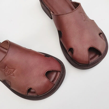 Summer Wide-toe British Style Soft Leather Slippers