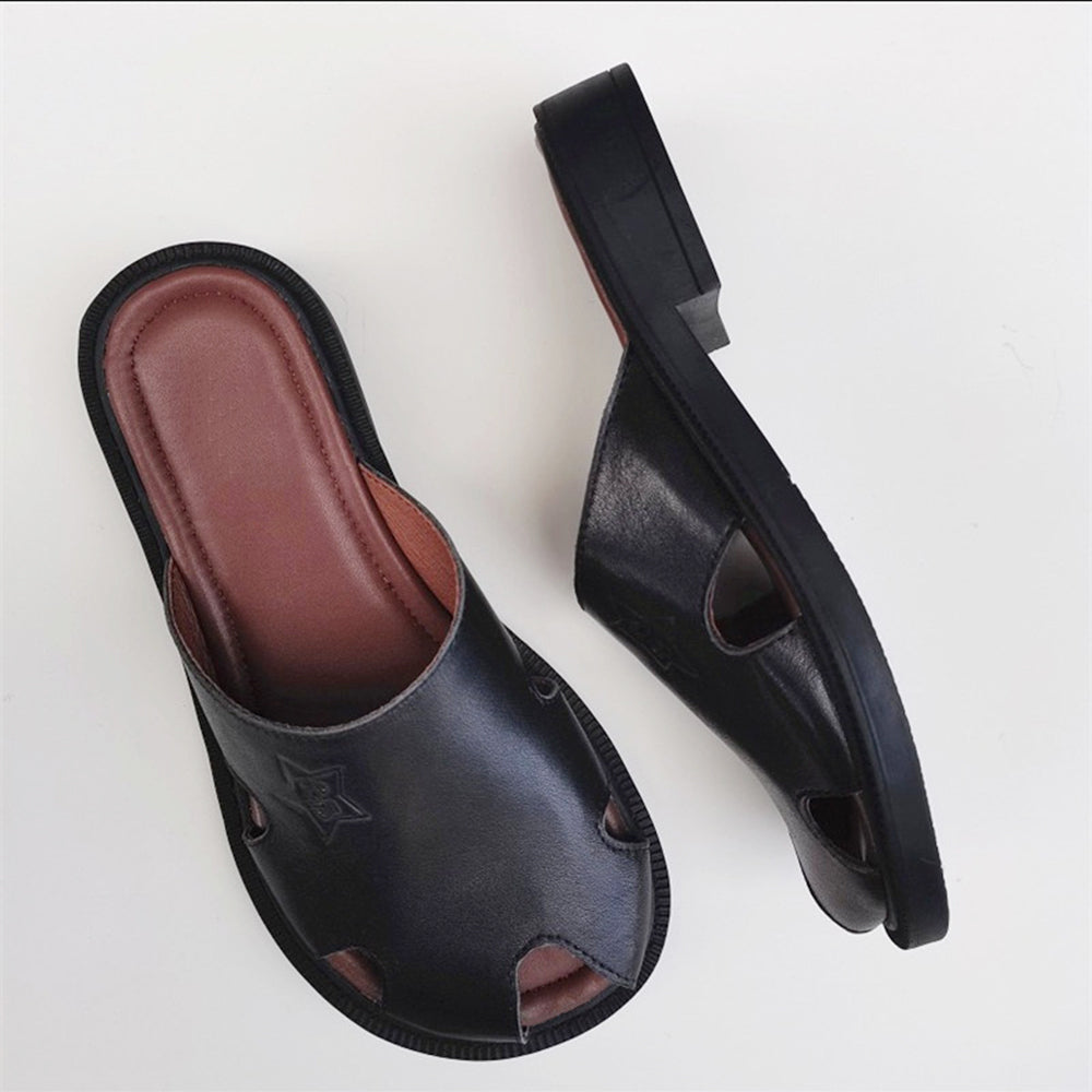 Summer Wide-toe British Style Soft Leather Slippers