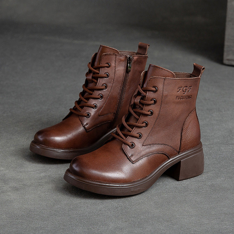 Genuine Leather Split Toe Chunky Heel Mid Calf Martin Boots