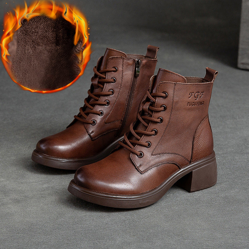 Vintage Leather Martin Boots Warm Chunky Heel Soft Sole Women's Boots