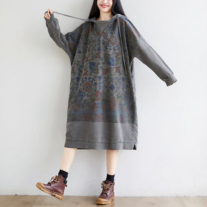 Washed Distressed Patchwork Hooded Sweatshirt Dress