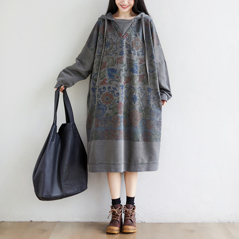 Washed Distressed Patchwork Hooded Sweatshirt Dress