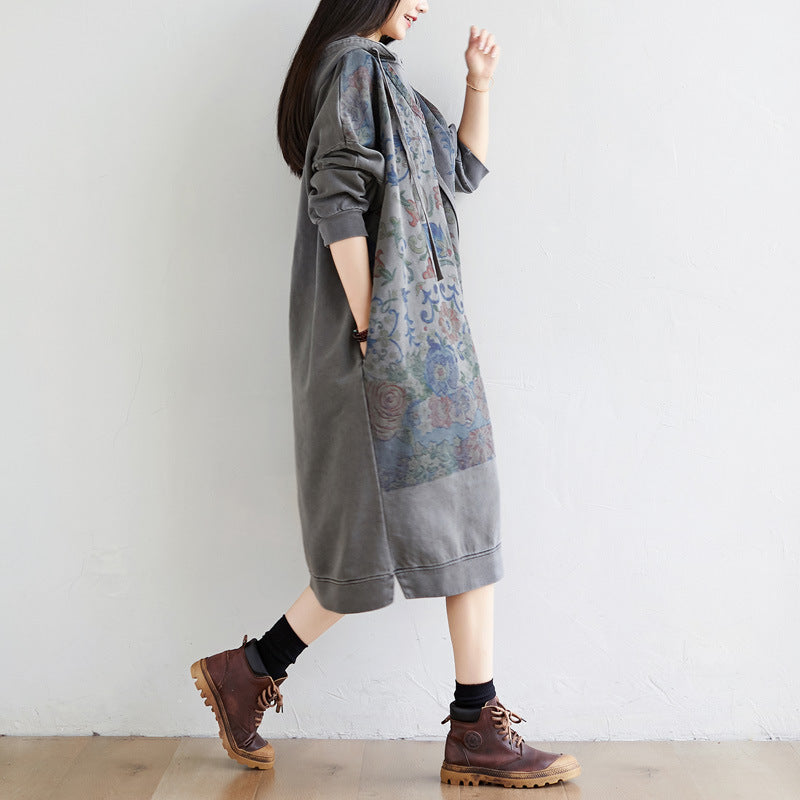 Washed Distressed Patchwork Hooded Sweatshirt Dress