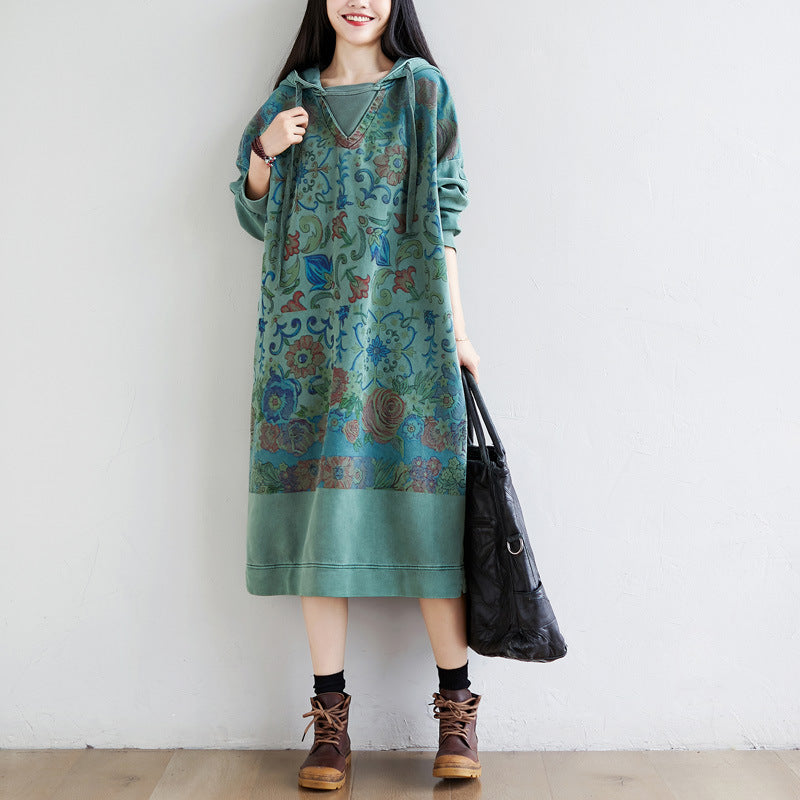 Washed Distressed Patchwork Hooded Sweatshirt Dress