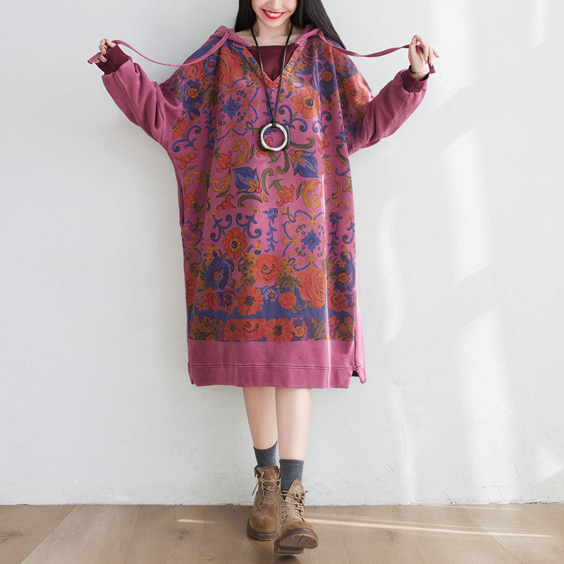 Washed Distressed Patchwork Hooded Sweatshirt Dress