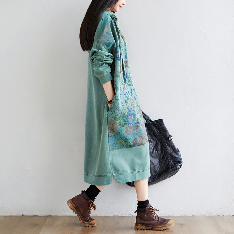 Washed Distressed Patchwork Hooded Sweatshirt Dress