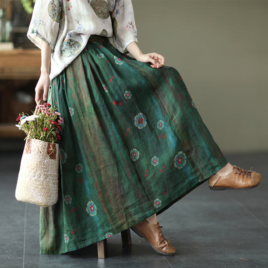 Women Elastic Waist Retro Floral Ramie Skirt