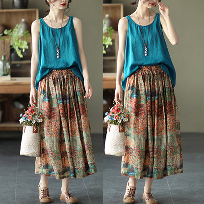 Women Elastic Waist Retro Floral Ramie Skirt