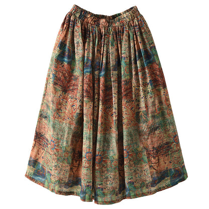 Women Elastic Waist Retro Floral Ramie Skirt