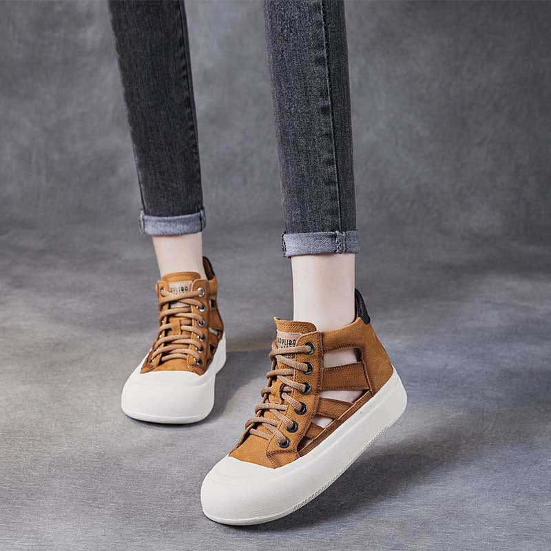 Women Leather Hollow-out High-top Lace-up Shoes