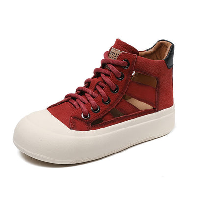 Women Leather Hollow-out High-top Lace-up Shoes