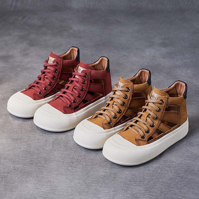 Women Leather Hollow-out High-top Lace-up Shoes