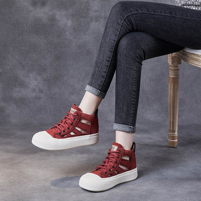 Women Leather Hollow-out High-top Lace-up Shoes