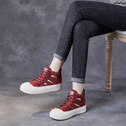 Women Leather Hollow-out High-top Lace-up Shoes