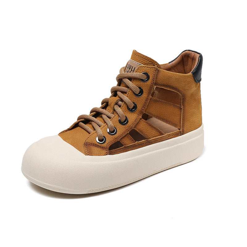Women Leather Hollow-out High-top Lace-up Shoes