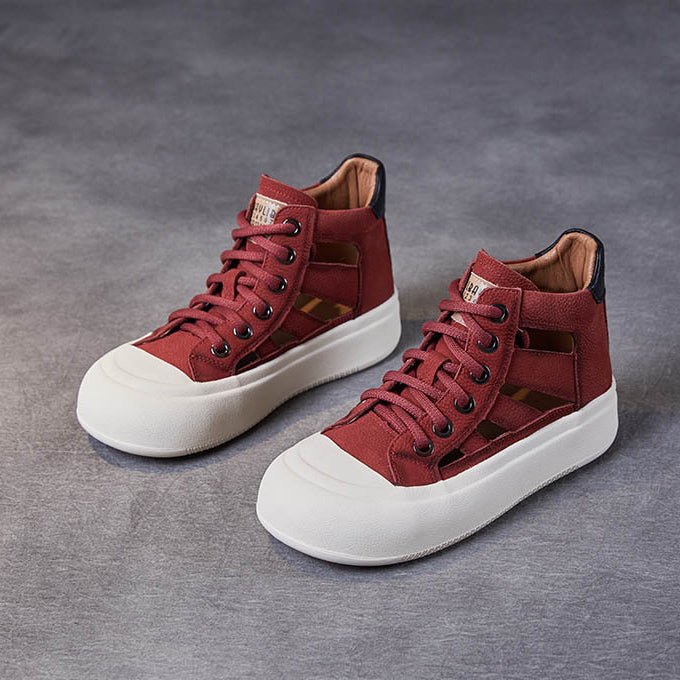 Women Leather Hollow-out High-top Lace-up Shoes