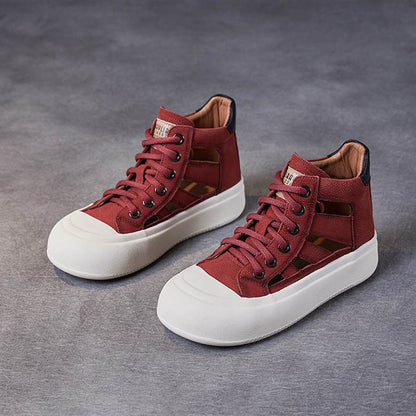 Women Leather Hollow-out High-top Lace-up Shoes