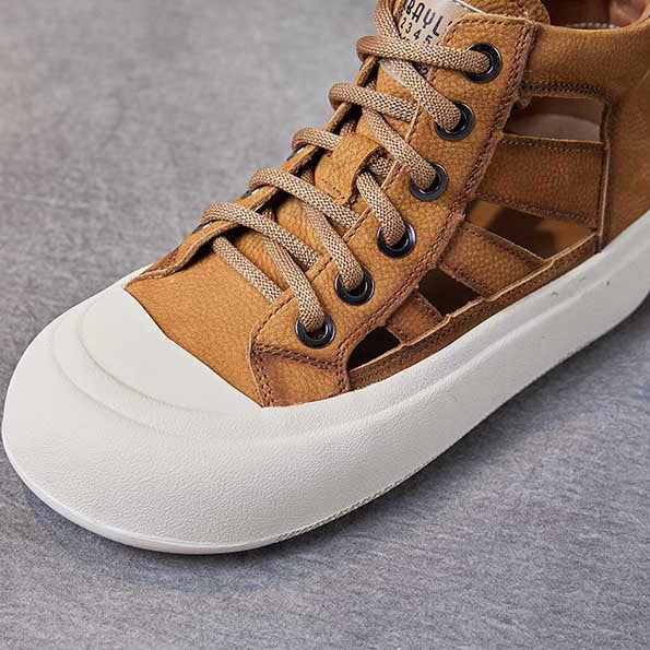 Women Leather Hollow-out High-top Lace-up Shoes