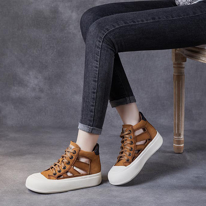 Women Leather Hollow-out High-top Lace-up Shoes