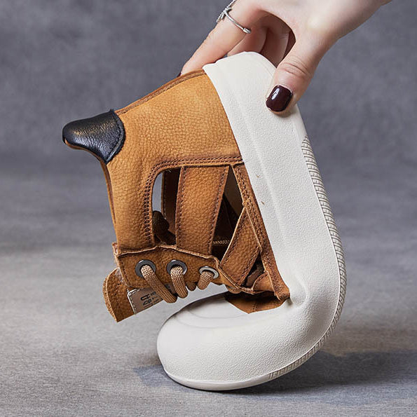Women Leather Hollow-out High-top Lace-up Shoes