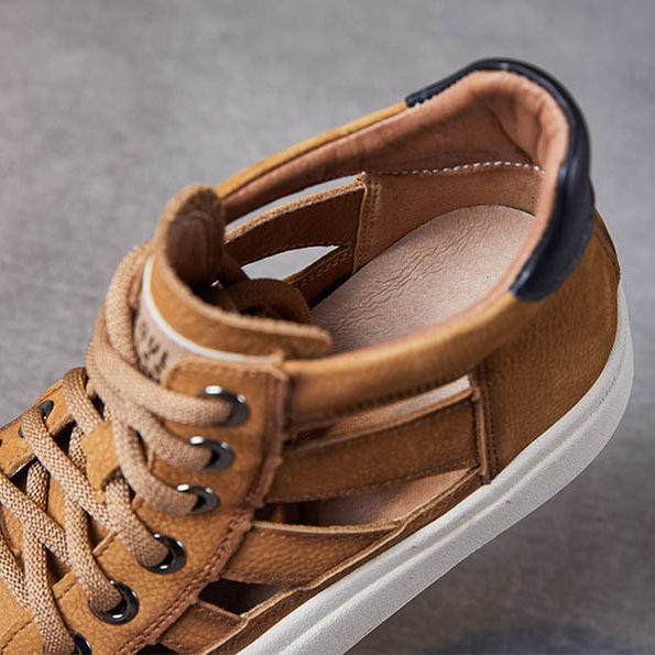Women Leather Hollow-out High-top Lace-up Shoes