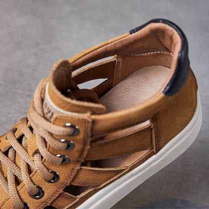 Women Leather Hollow-out High-top Lace-up Shoes