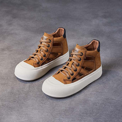 Women Leather Hollow-out High-top Lace-up Shoes