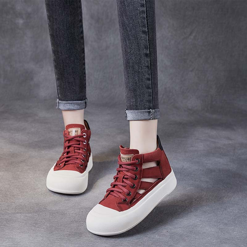 Women Leather Hollow-out High-top Lace-up Shoes