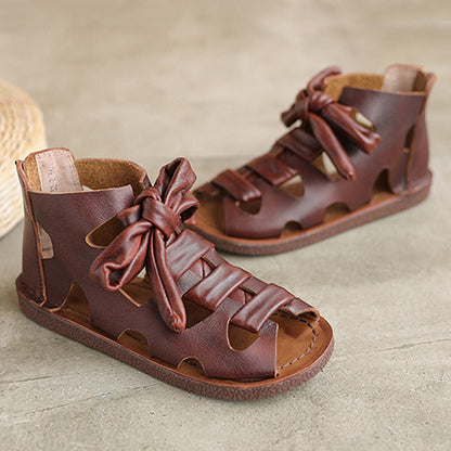 Women Peep Toe Lace-up Leather Roman Sandals