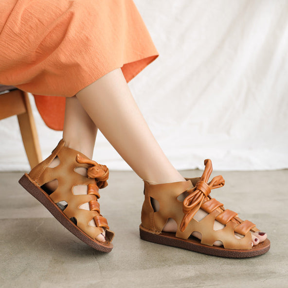 Women Peep Toe Lace-up Leather Roman Sandals