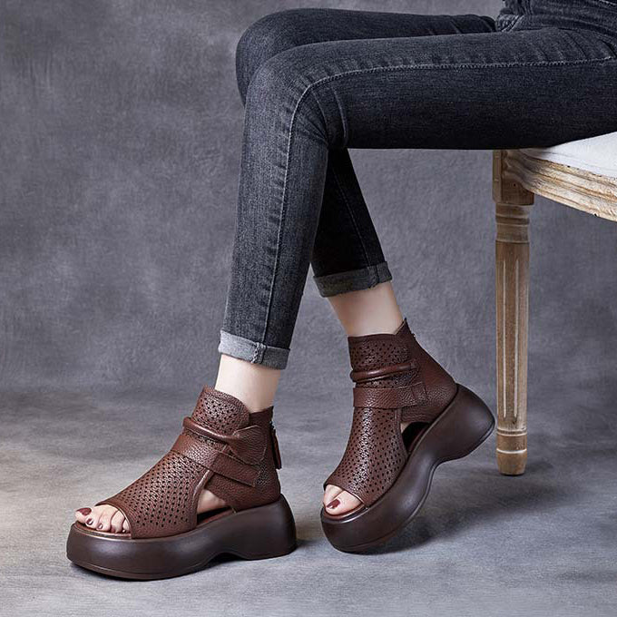 Women Platform Peep Toe Breathable Leather Sandals